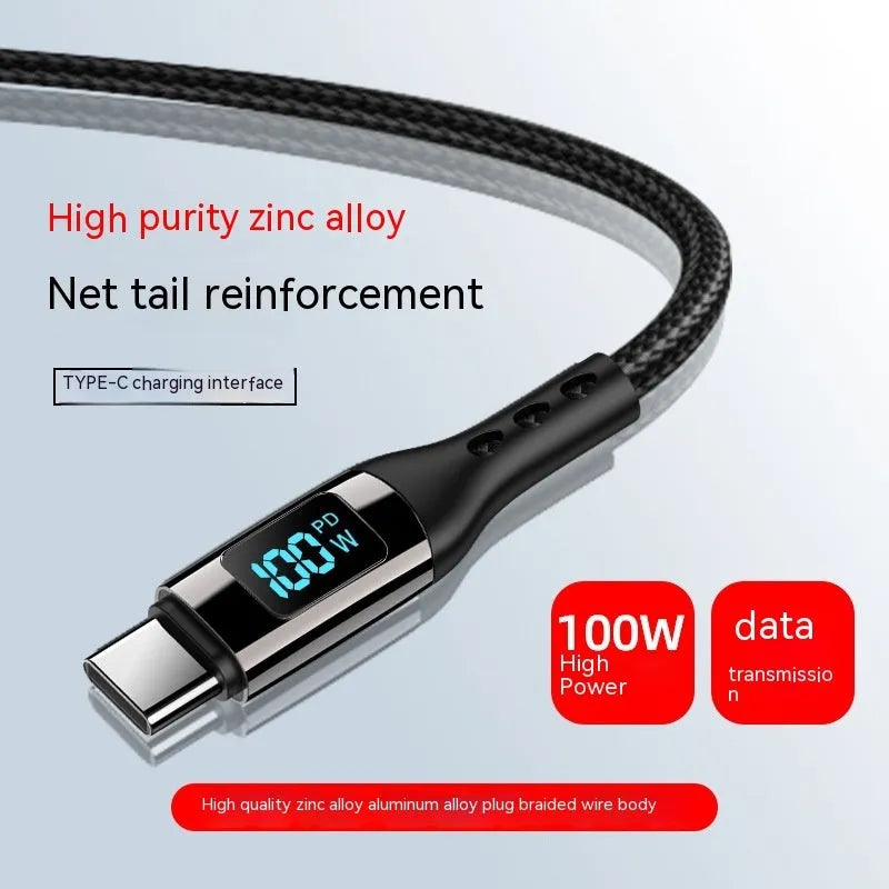 Black woven Type-C to Type-C data cable with digital display and zinc alloy connectors