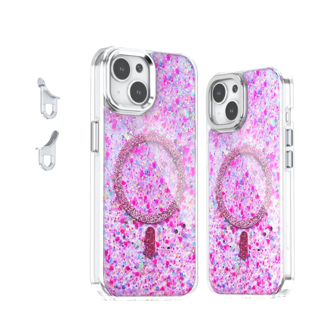 Creative Sequins Glitter Epoxy Magnetic Phone Case for Apple iPhone, transparent back with glitter, compatible with IP12-IP16 models