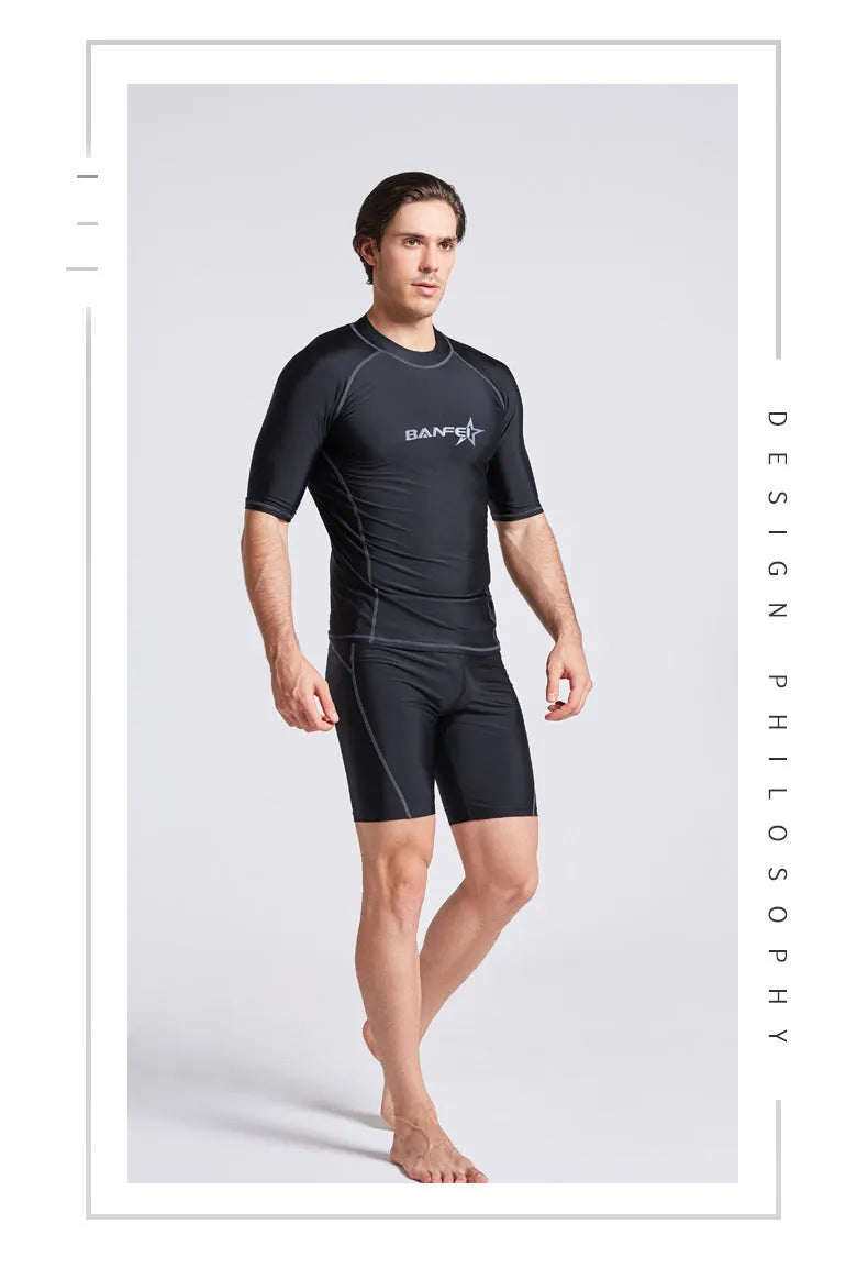 Men's quick-dry half sleeve swimsuit suit for snorkelling, showing separate nylon top and pants.