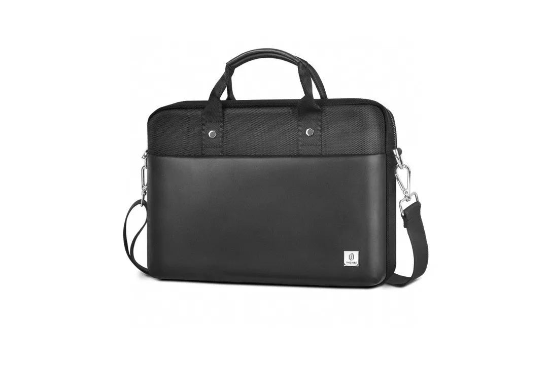 Black oxford cloth laptop handbag with multiple pockets and a separate computer compartment, shown in 14-inch and 15.6-inch sizes.