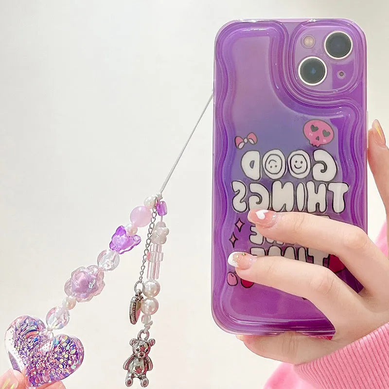 Purple mobile phone case with English graffiti text and love pendant design, featuring attached lanyard