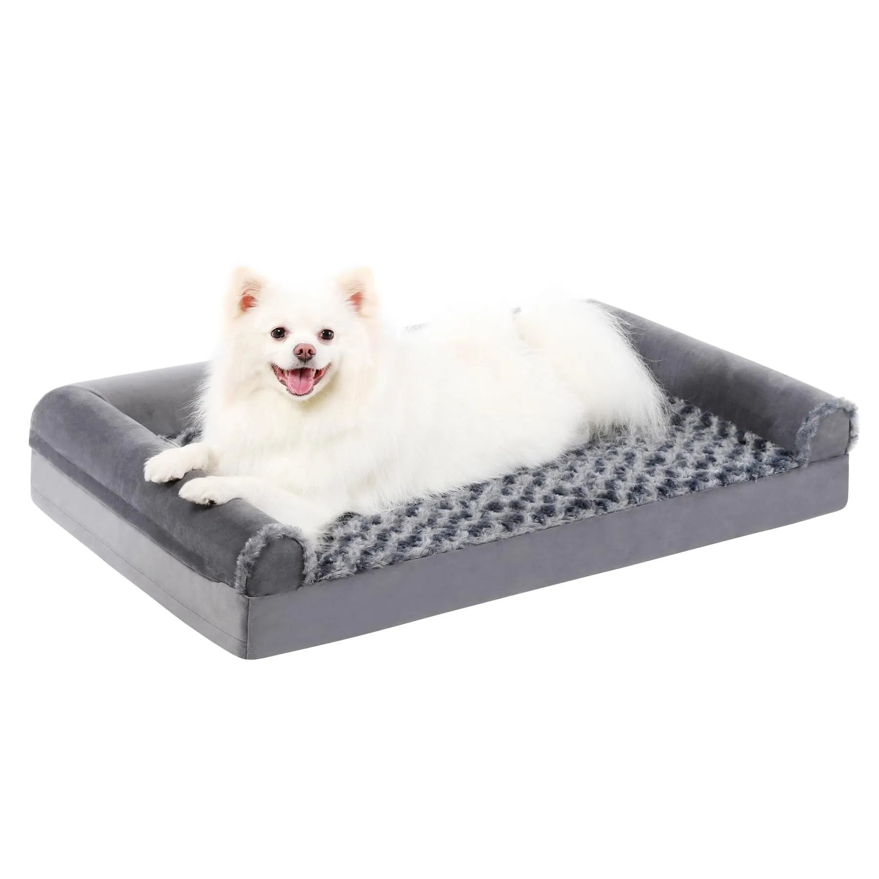 Grey U-shaped removable cover dog sofa for pets on a wooden floor