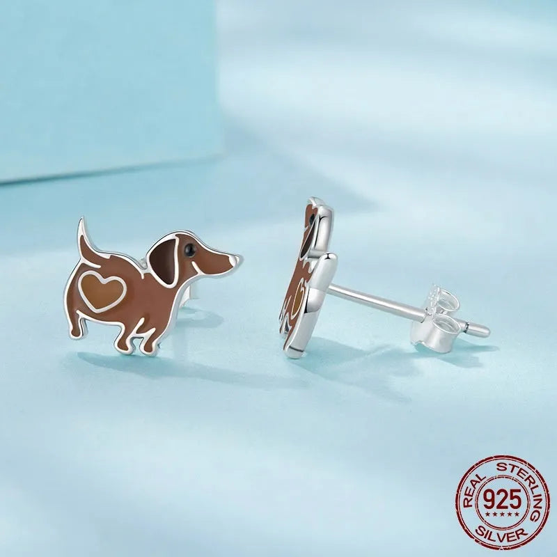 S925 sterling silver sausage dog drop earrings in SCE1929 colour with dripping oil finish, supplied as a pair for women
