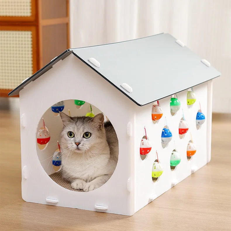 Integrated plastic cat scratch board nest with a tunnel and a hanging bell ball toy.