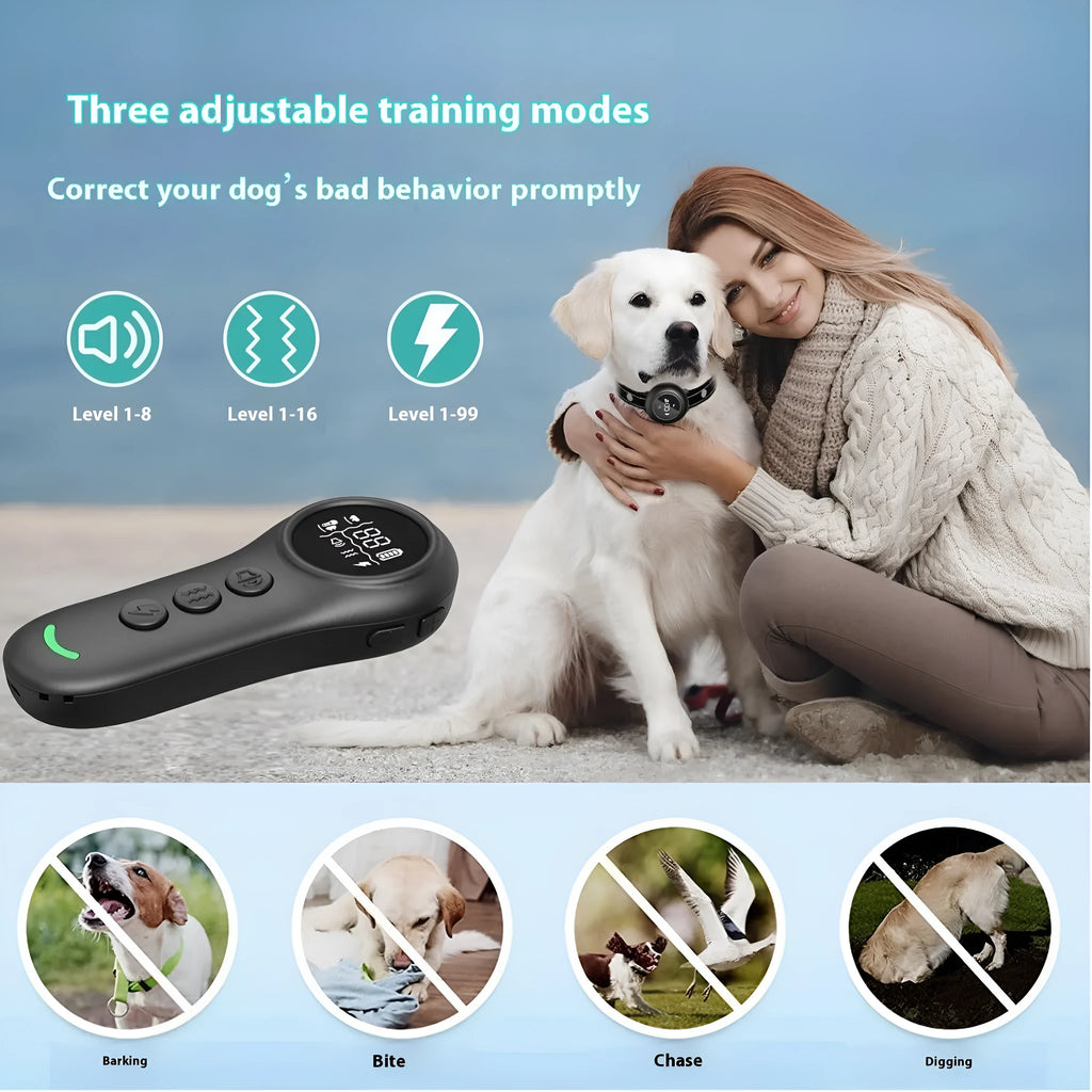 3-in-1 dog trainer bark stopper with three training modes in black ABS plastic casing