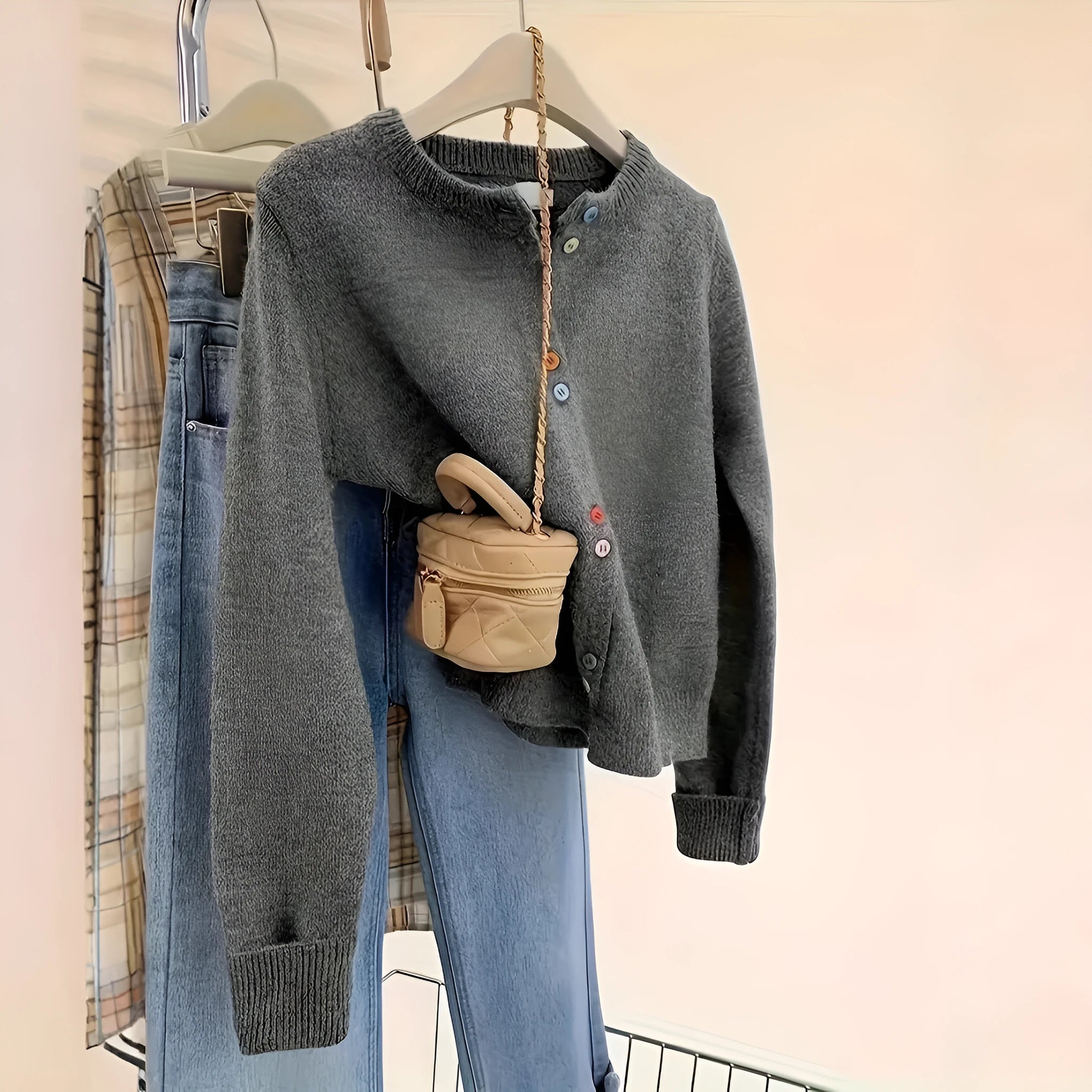 Dark grey women's polyester cardigan with button front and regular sleeves