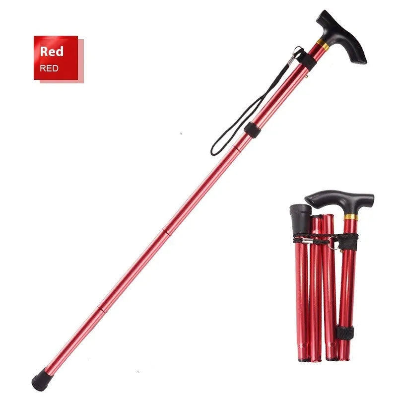 Aluminium folding walking cane extended to show adjustable shaft and textured non-slip handle.