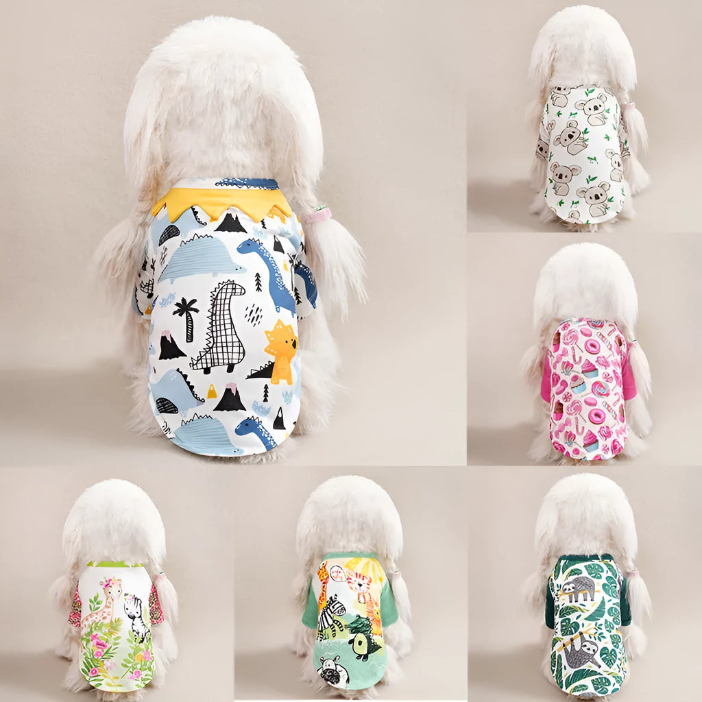 Printed polyester dog t-shirt showing full design, available in sizes S to XXL for dogs 1.50kg-8.00kg