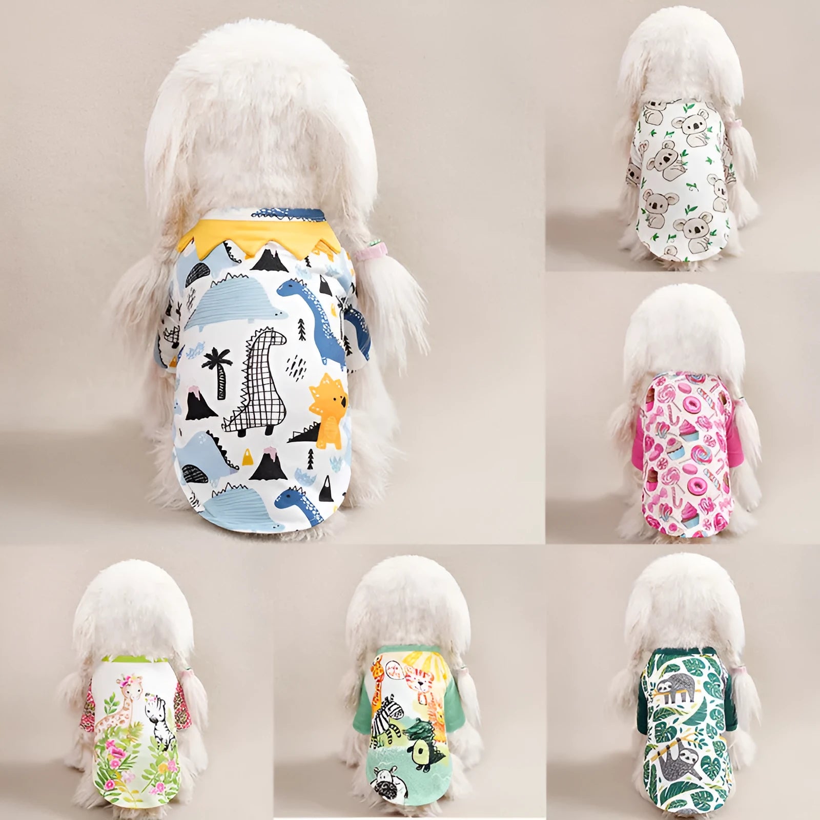 Printed polyester dog t-shirt showing full design, available in sizes S to XXL for dogs 1.50kg-8.00kg