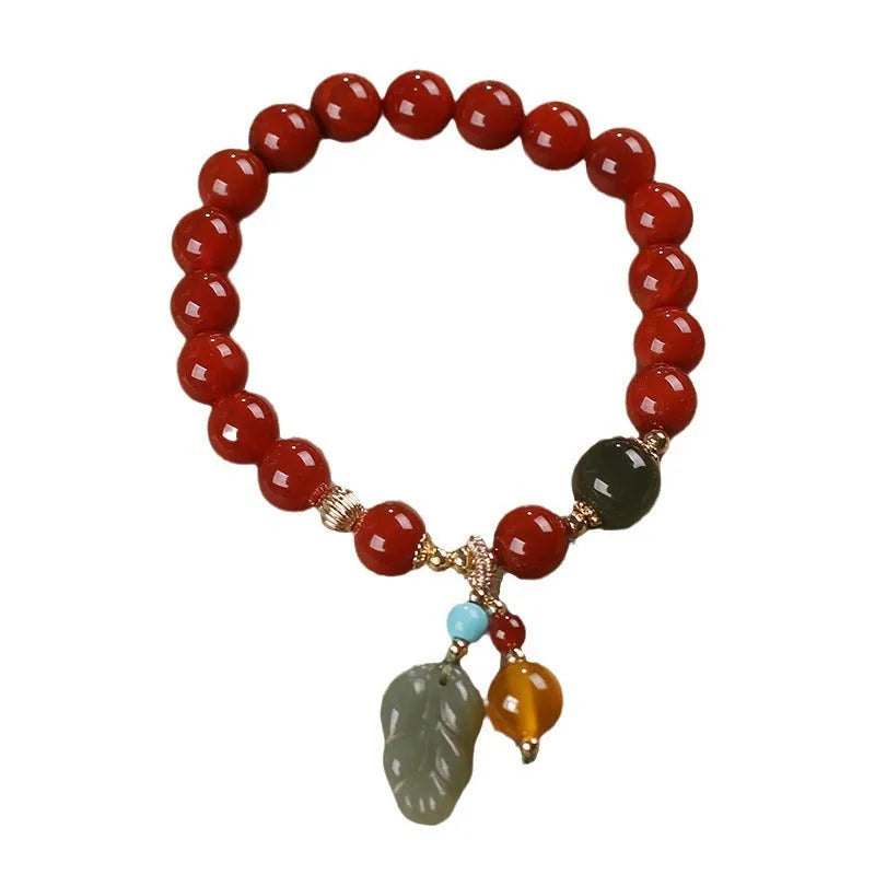 Natural South Red Agate bracelet for women with Hetian jade leaf pendant in ethnic style