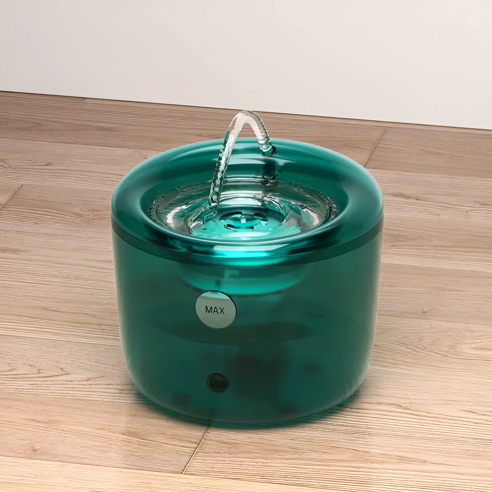 Grey and green automatic pet water fountain with USB cable for dogs and cats