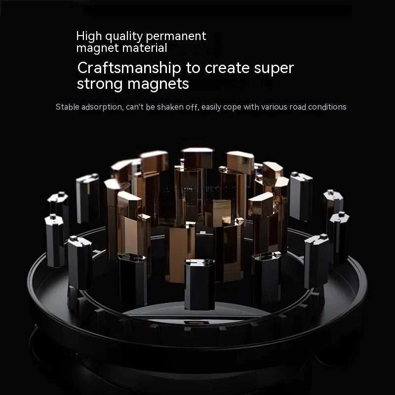 All-metal magnetic car phone mount with foldable design on dashboard holding mobile phone