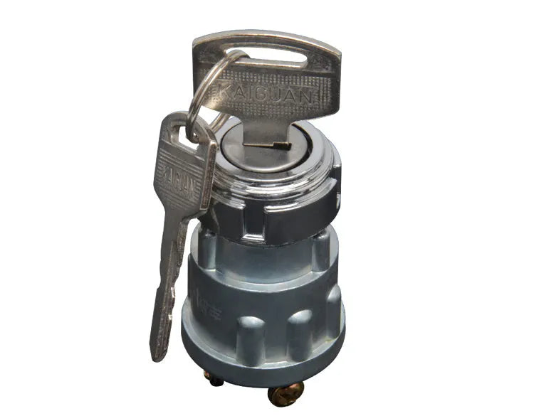 Pure copper vehicle ignition switch with a matching key on a white background.
