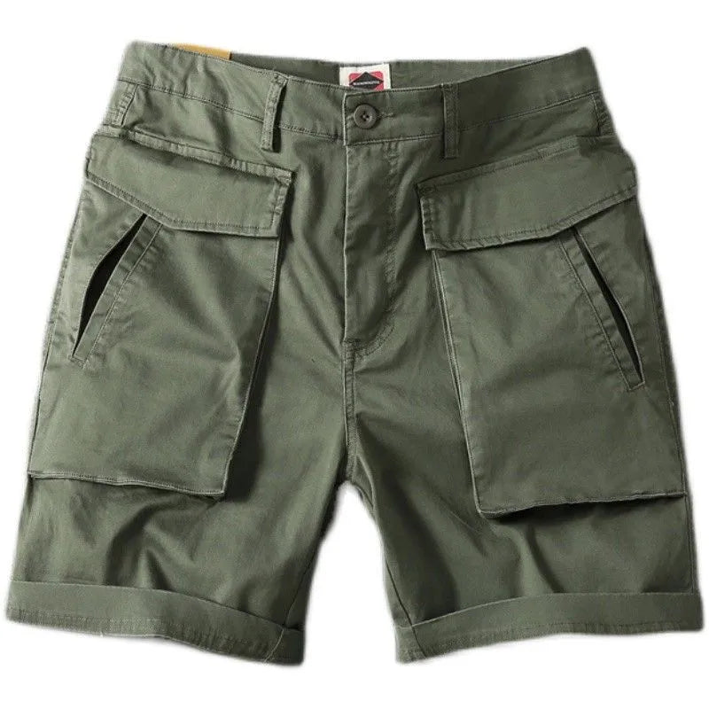 Men's straight-cut cotton cargo shorts in Army Green with multiple pockets and stretch fabric.