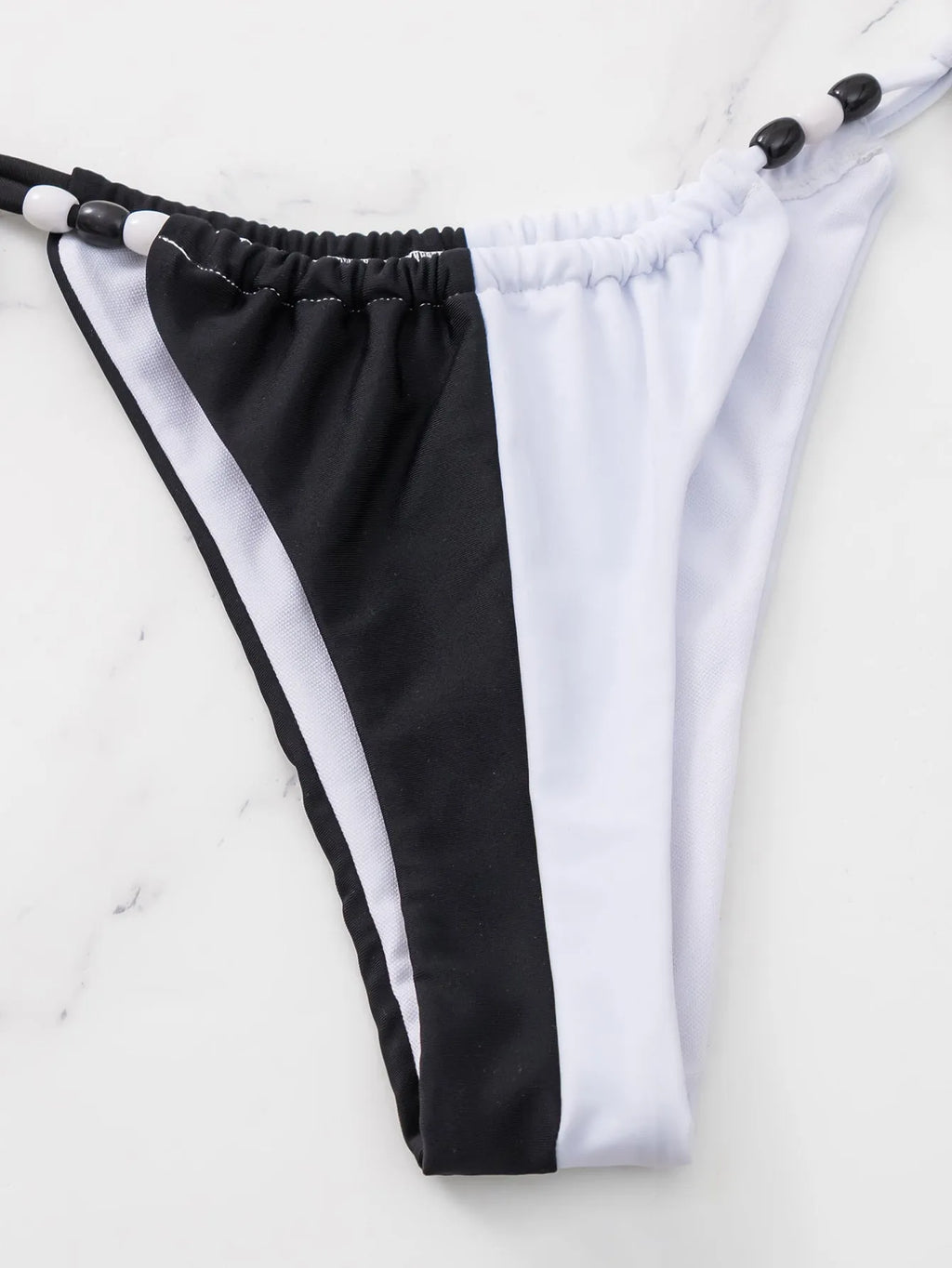 Black and white lace-up triangle cup bikini swimsuit set with briefs