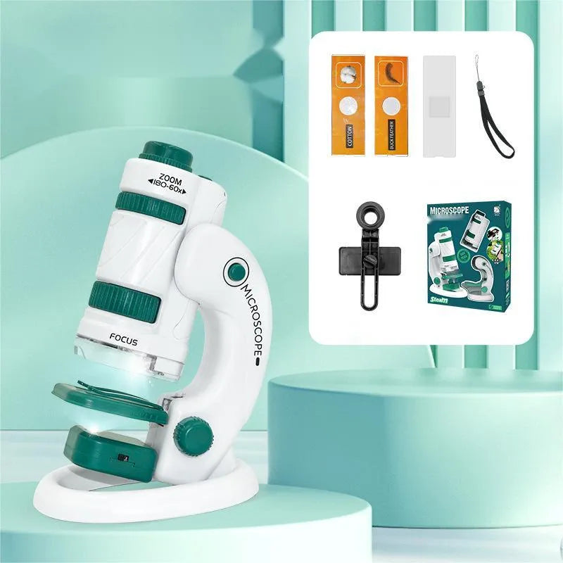 Portable microscope upgrade set with plastic construction and specimen slides for outdoor science exploration