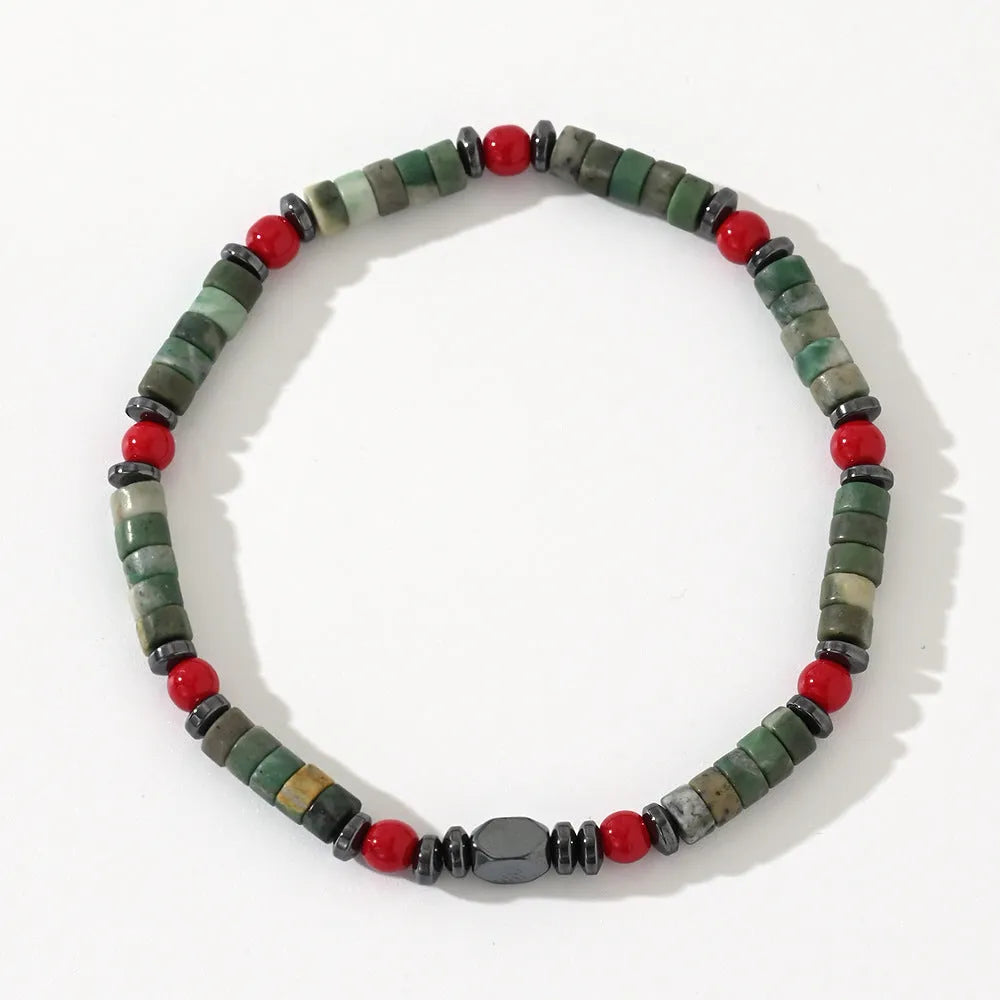 Bohemian style bracelet with cylindrical natural stone beads and hand-woven texture for men
