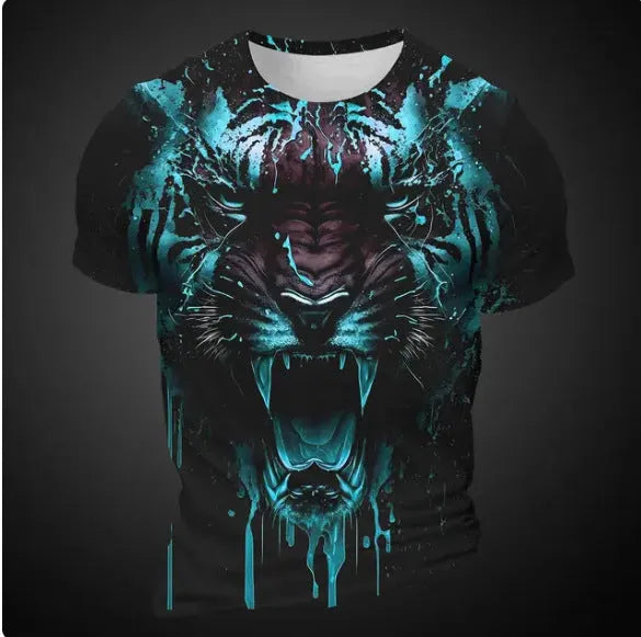 Men's grey T-shirt with a large, detailed 3D tiger head print on the front.