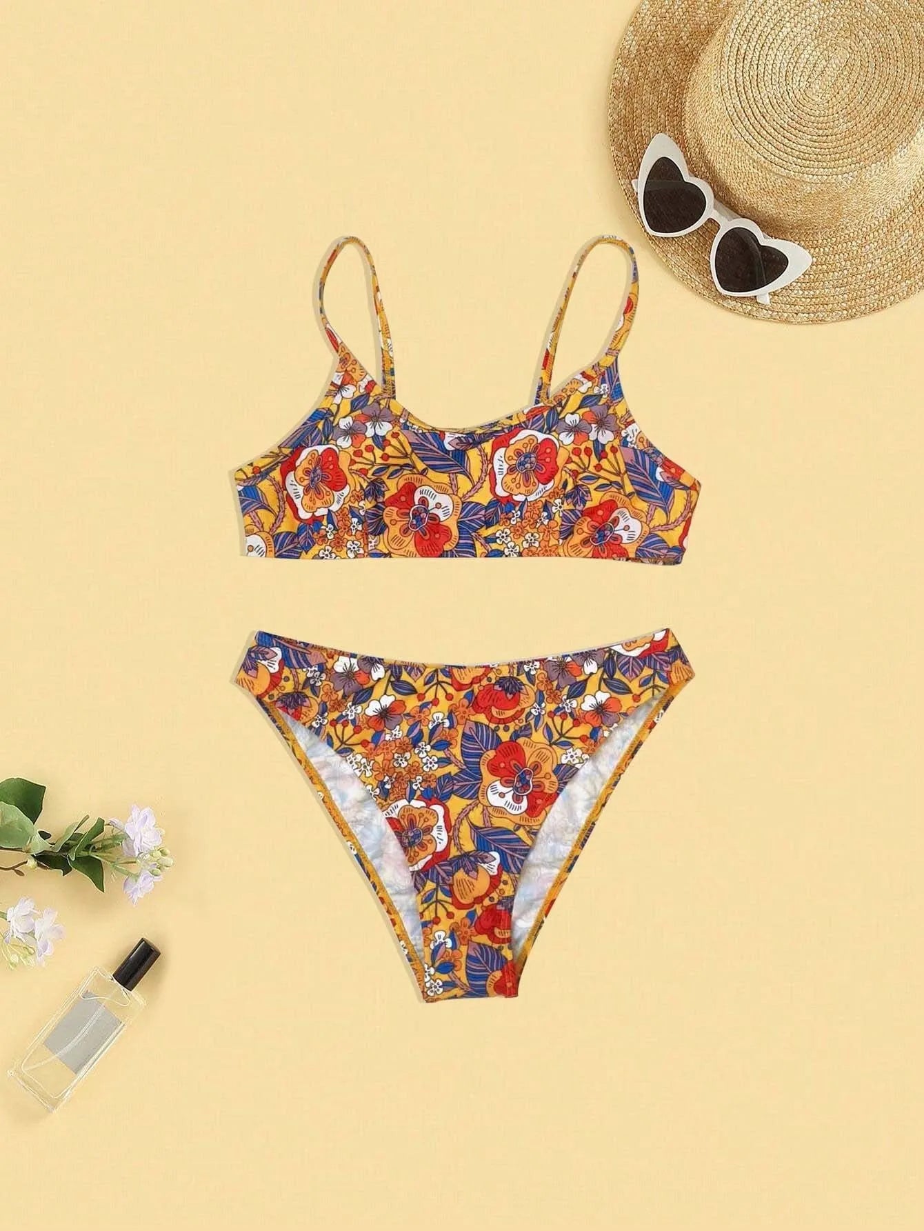 Plus size women's floral print bikini with adjustable straps, two-piece swimsuit set in colourful patterns