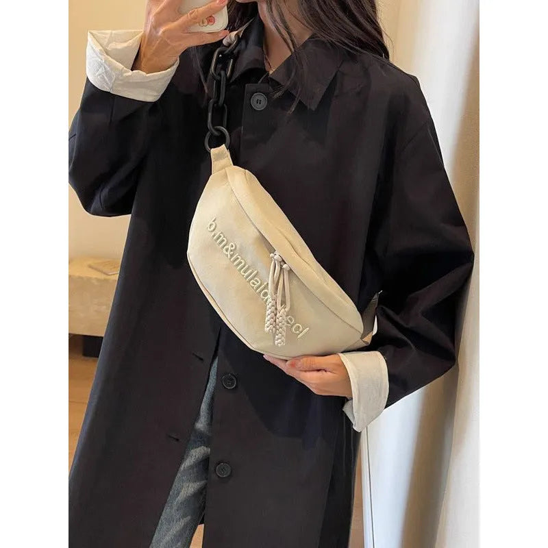 Fashion simple women's sports all-match shoulder bag in nylon with letter embroidery and chain detail