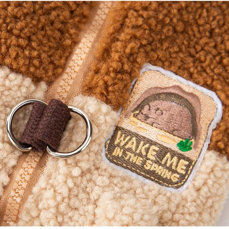 Color-block pet fleece jacket in green brown beige with squirrel patch leash ring and pockets