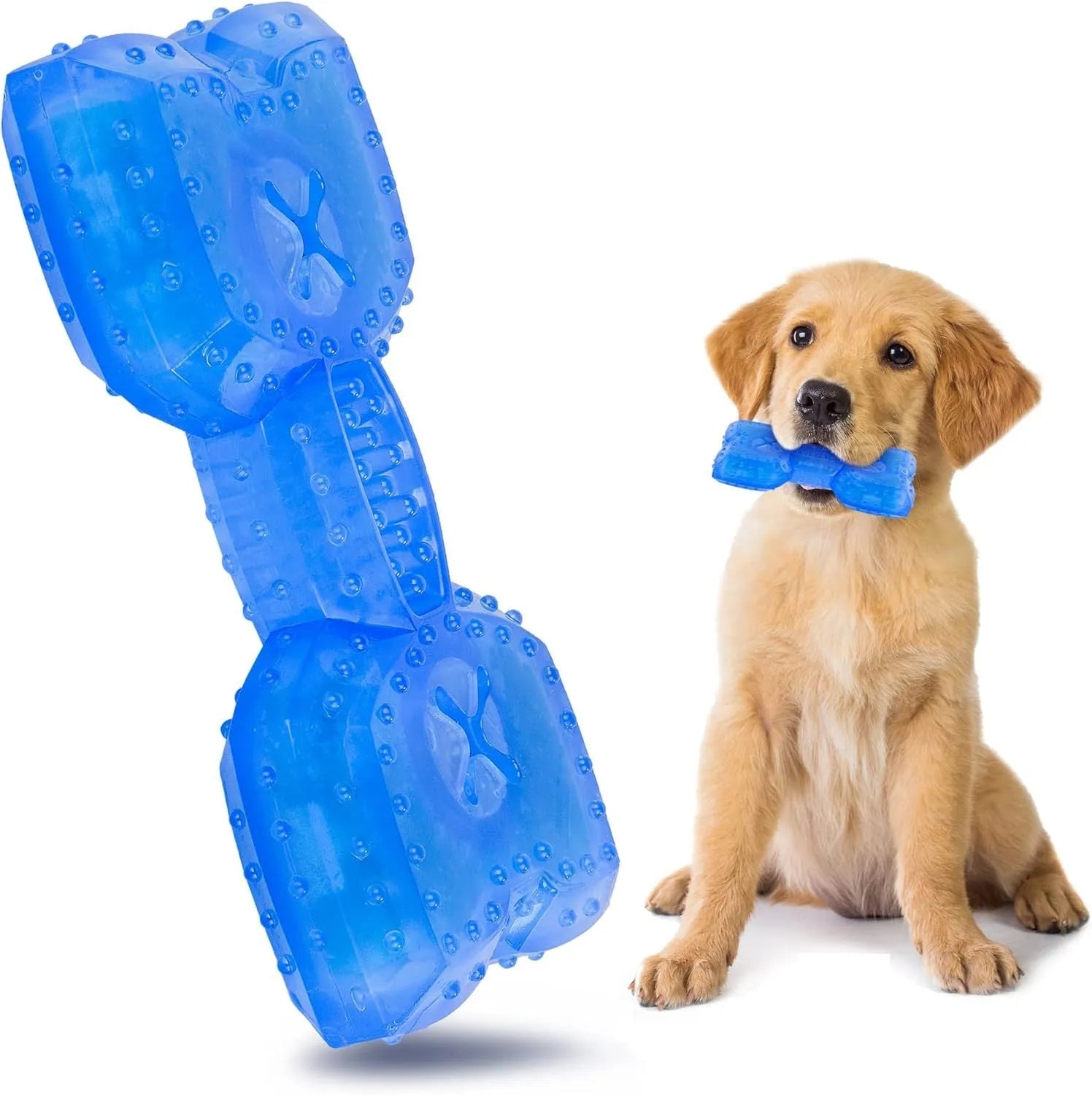 Freezable dog teething chew toy in bone and circle shapes on a blue background.