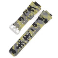 Camouflage TPU watch strap with silver buckle laid flat showing slim 2mm profile