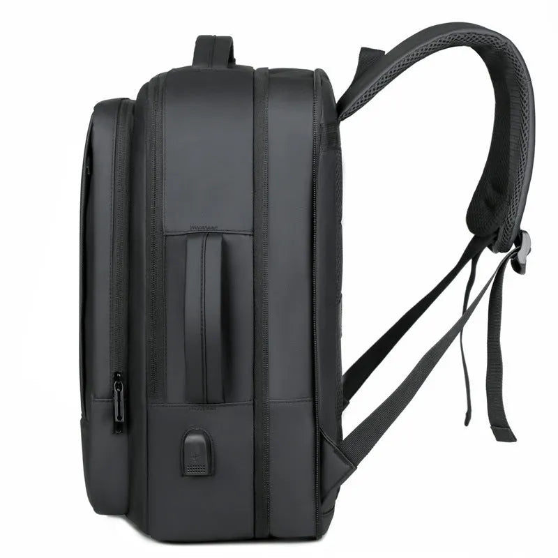 Men's large capacity waterproof backpack in black with curved shoulder straps and business styling