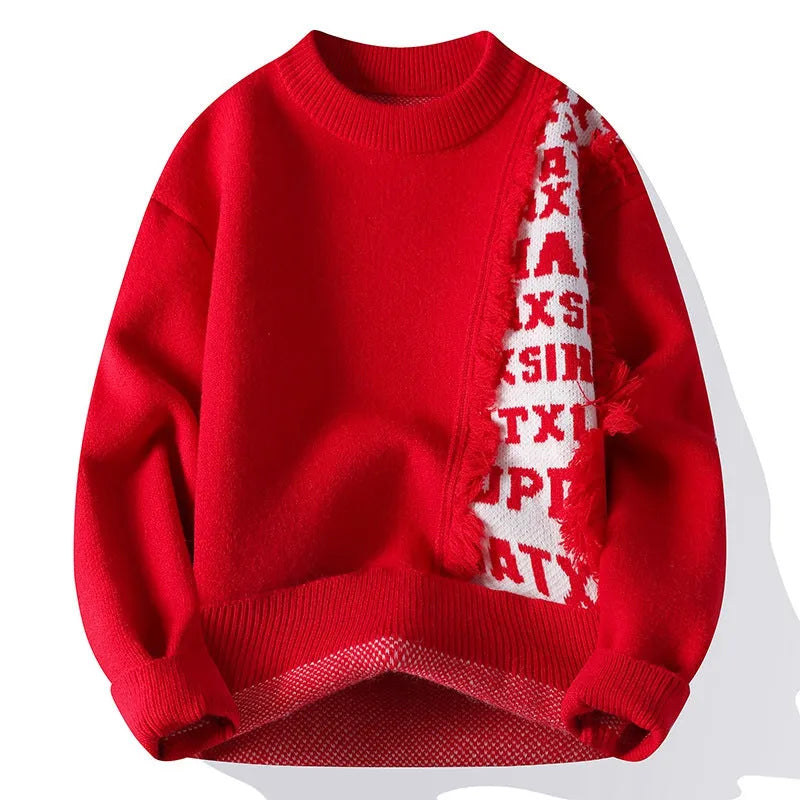 Men's loose knitted pullover in red with long sleeves and ribbed hemline