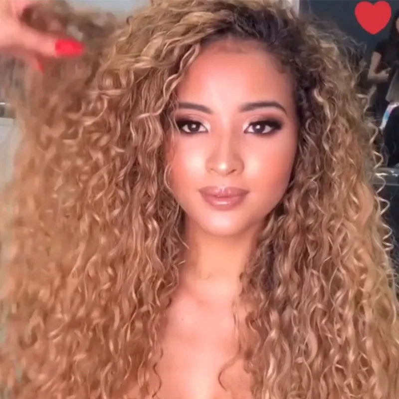 Long curly African small curly wig in yellow and black gradient with side bangs, made from high temperature fibre