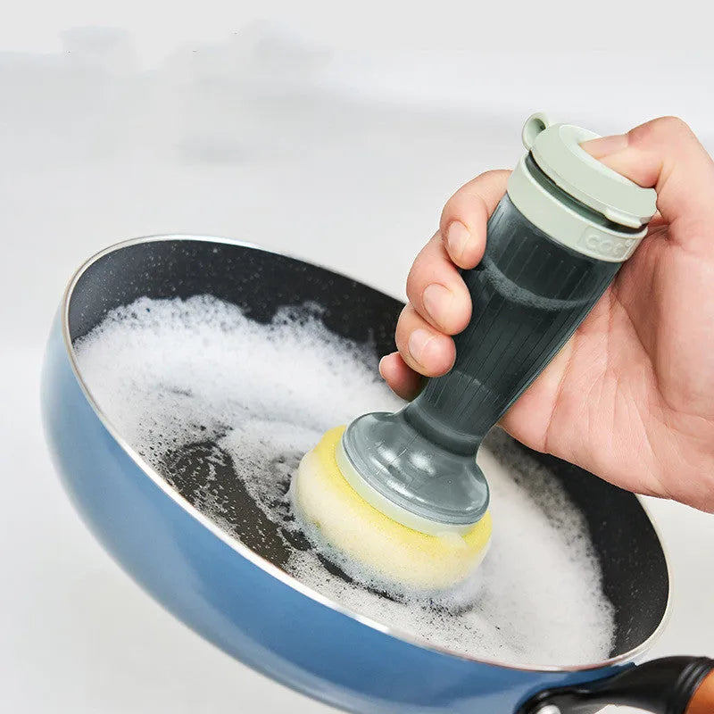 Pot and dish brush with soap dispenser, ergonomic handle, and replaceable brush head in mint green colour