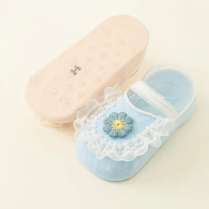 Summer thin cotton baby socks non-slip toddler ankle socks in light blue milky white, light green light pink, light yellow milk powder, 2 pairs boxed.