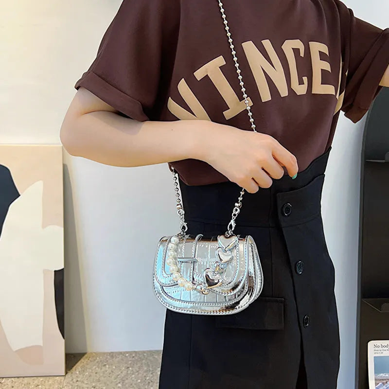 Women's laser pearl finish PU crossbody bag in horizontal square shape with single shoulder strap
