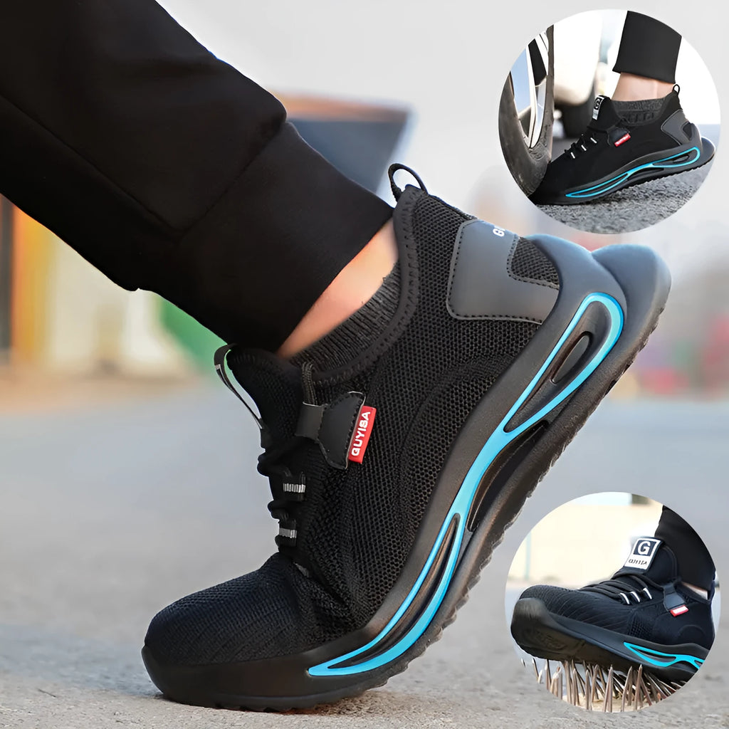 Men steel toe work safety shoes black with blue trim, lace-up low top, fly weave upper and PU sole