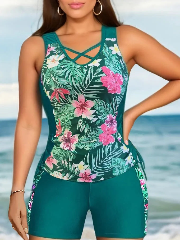 Plus size women's floral print swimsuit bikini with high waist design in navy blue colour