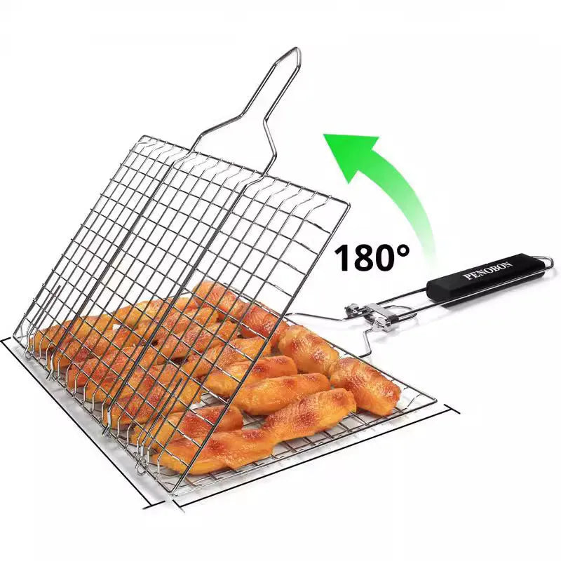 Square folding stainless steel barbecue mesh basket with a cleaning brush on a grill.