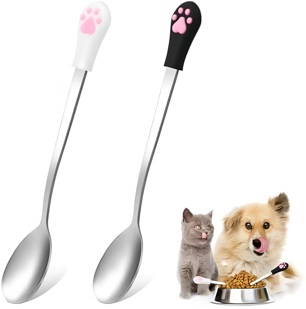 Two stainless steel pet food spoons with silicone handles in white and black colours