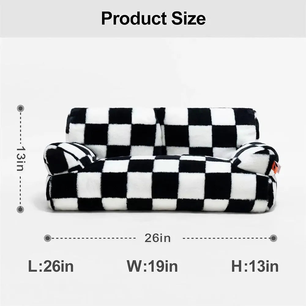 Plush sofa-shaped pet bed for cats and small dogs with removable cover and anti-slip bottom