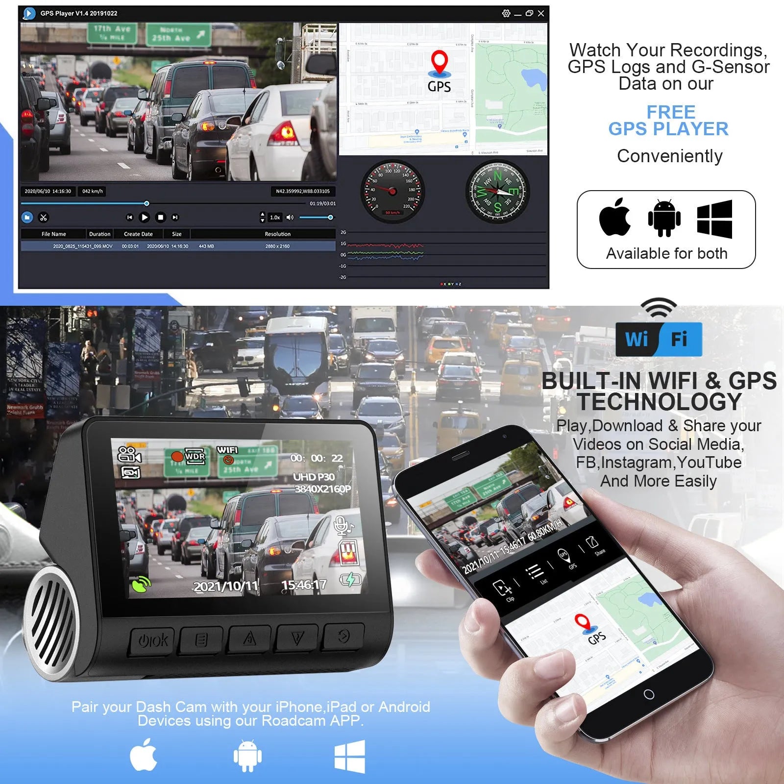 V55 4K UHD night vision car camera dash cam with double lens and front windshield mount in black