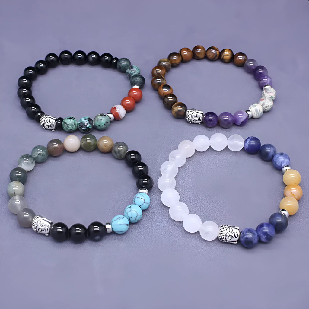 Natural stone agate mixed colour elastic bracelet unisex with black agate and tigereye beads on white background