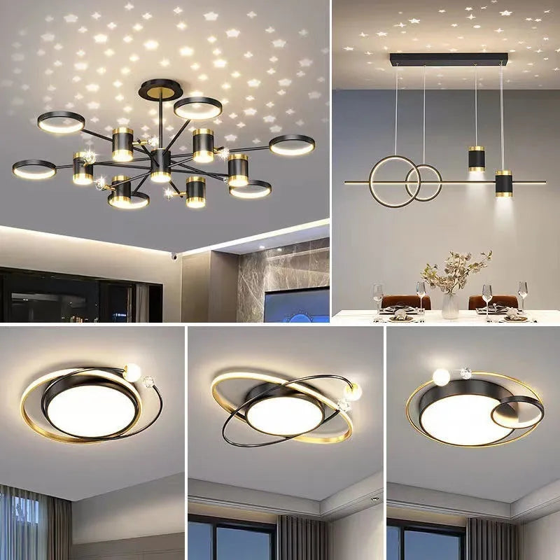 Black 13-head iron pendant chandelier with remote control on a ceiling.