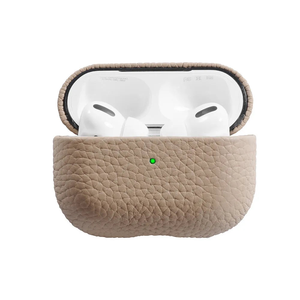 Genuine leather lychee pattern earphone cover in yellow for AirPods case full coverage