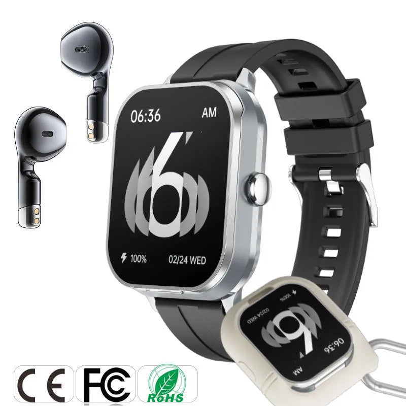 D8pro smart watch with TWS earphones black steel strap silicone case health monitoring