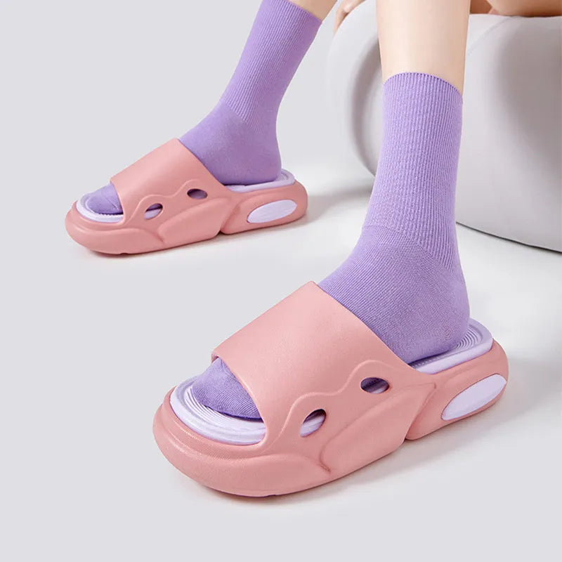 Unisex thick-soled EVA slippers in pink purple colour for indoor and outdoor wear