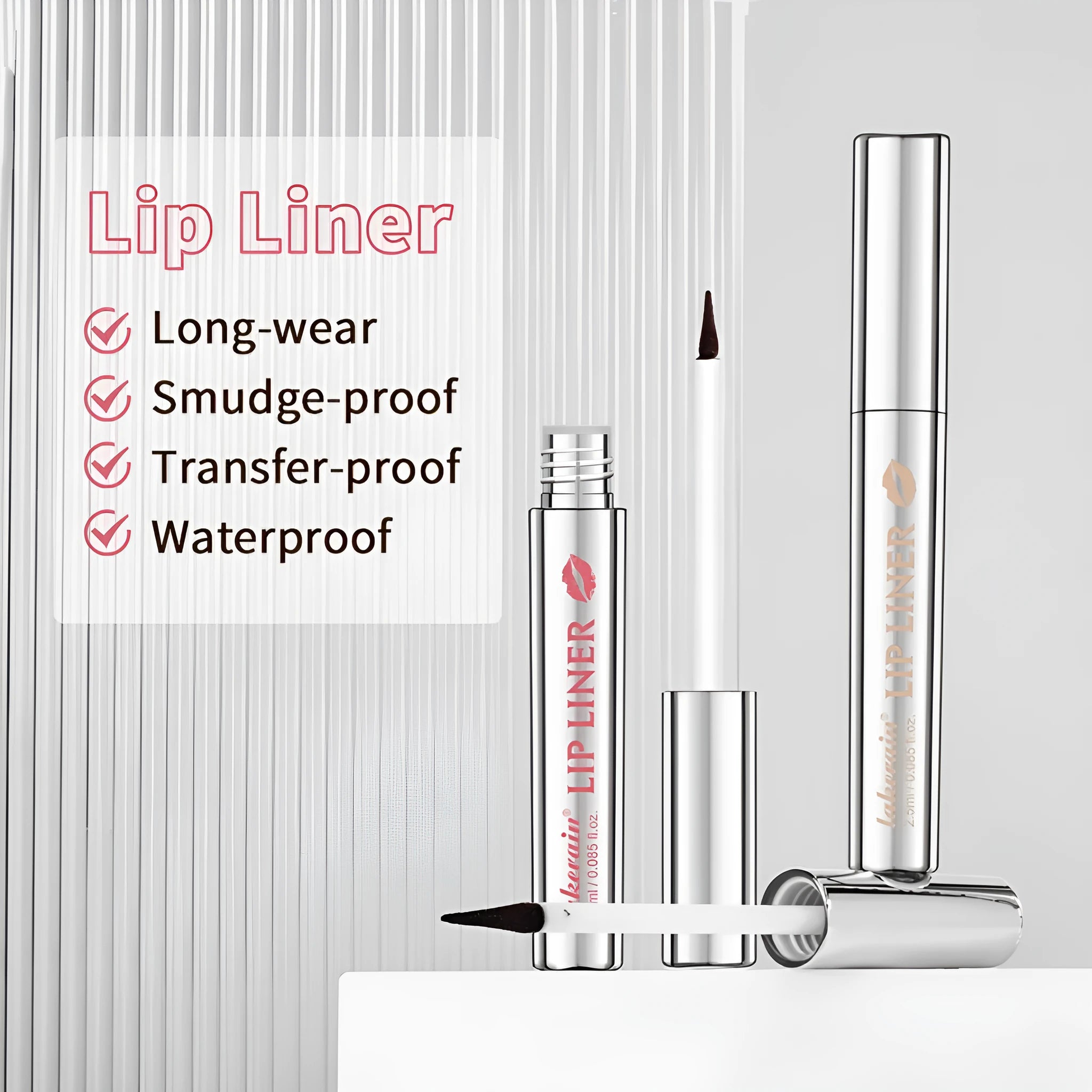 Matte finish pointed toe tear and pull lip liner pencil in Rose Pink, Neutral Mauve, Brown, and Cool Cocoa colours.