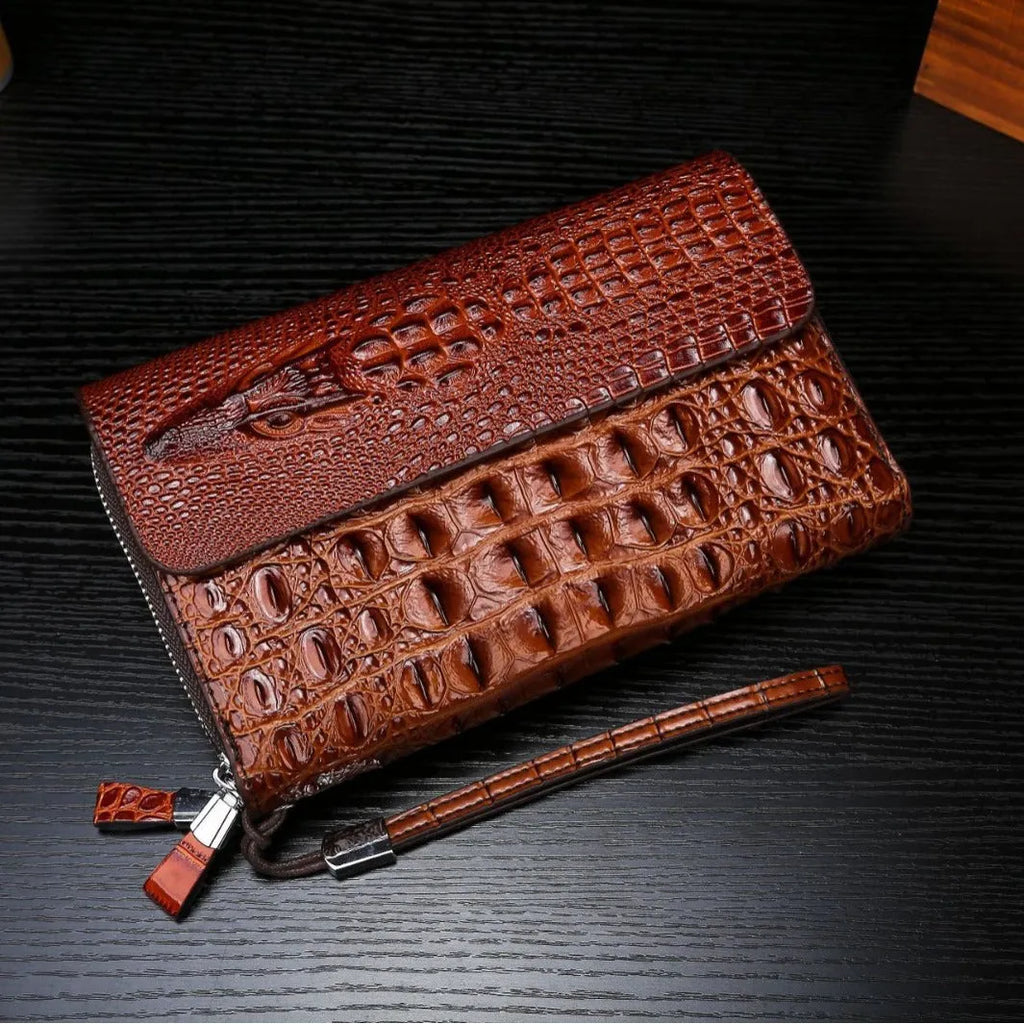 Men's PU double-layer hand carrying mobile phone bag in black or brown with solid colour and simple style