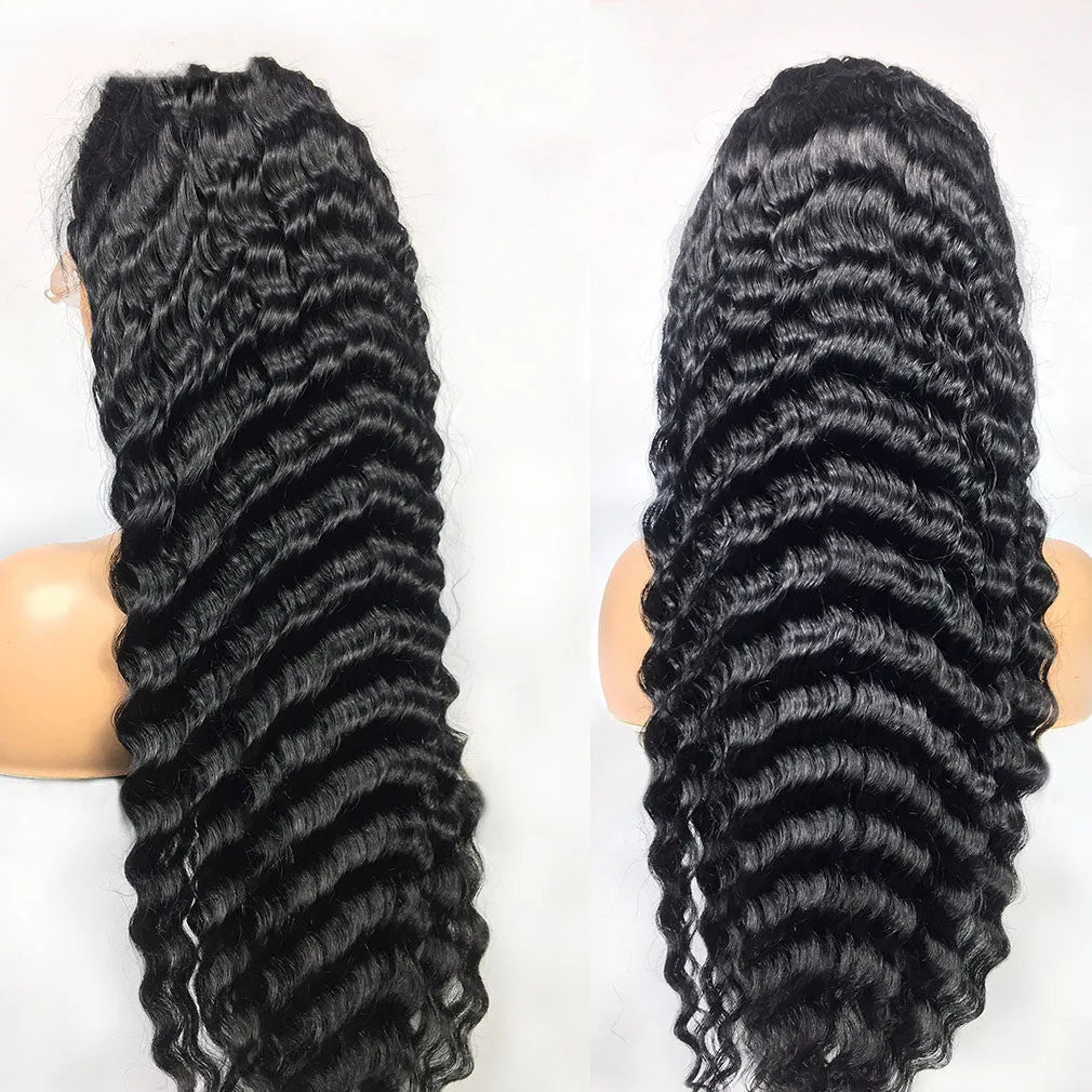 Deep wave human hair lace frontal wig black medium long length 8 inches