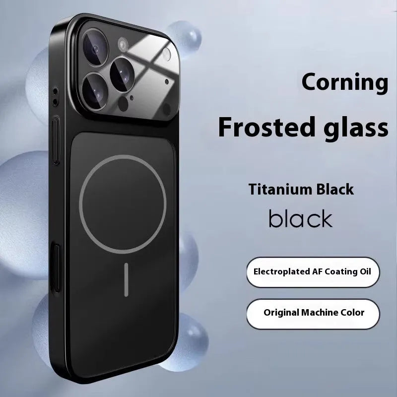 Frosted tempered glass phone case with magnetic suction in black, orange, or titanium grey for iPhone 13 to 17 Pro Max