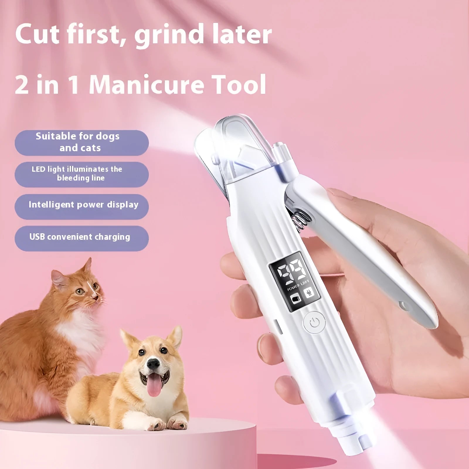 HZ8 White battery-powered dog nail clippers made from ABS plastic.