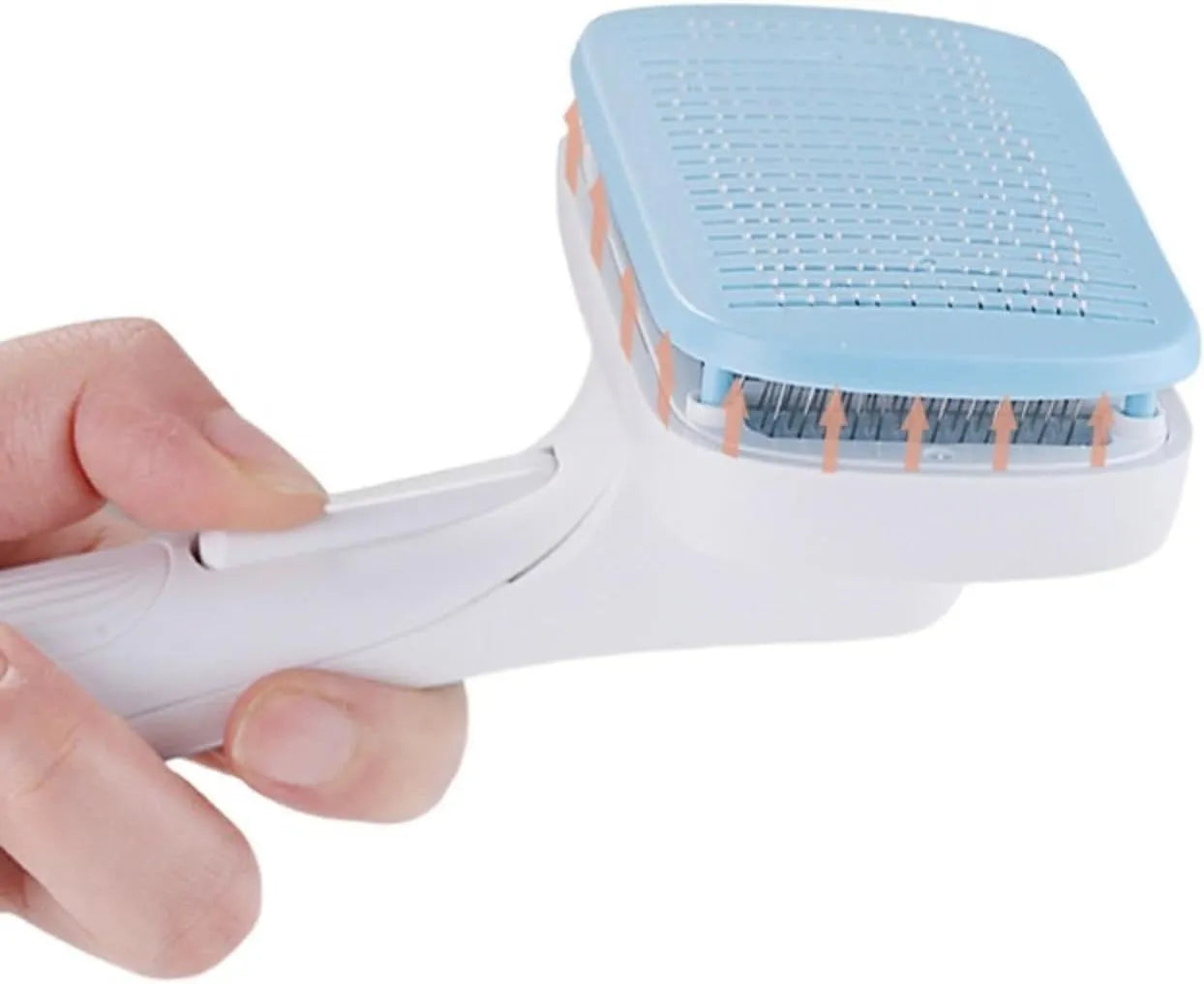 Blue automatic pet hair removal comb for dogs and cats on a white background.
